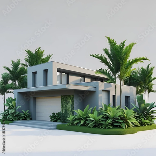 Fototapeta Luxury resort architecture featuring tropical palm trees, a vibrant garden, and a clear summer sky, perfect for a relaxing vacation