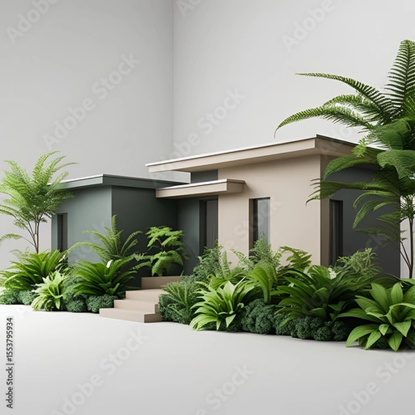 Fototapeta Luxury tropical villa with palm trees in the garden and a view of the sky