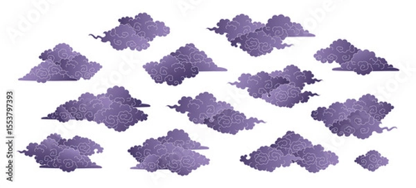 Obraz Line drawing Asian clouds collection isolated, blue on transparent. Hand drawn vector illustration. Chinese, Japanese, Korean design elements, clip art set. Traditional Buddhist thangka art