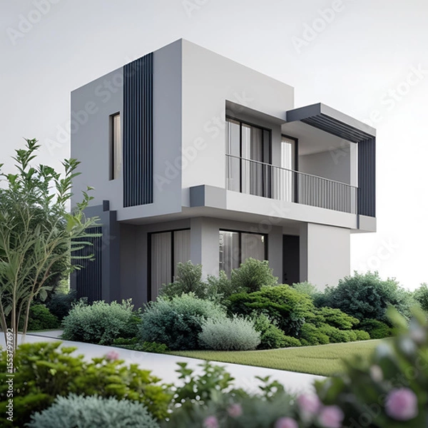 Fototapeta Modern office building with green grass, a striking blend of contemporary architecture and natural serenity, featuring glass windows reflecting the blue sky
