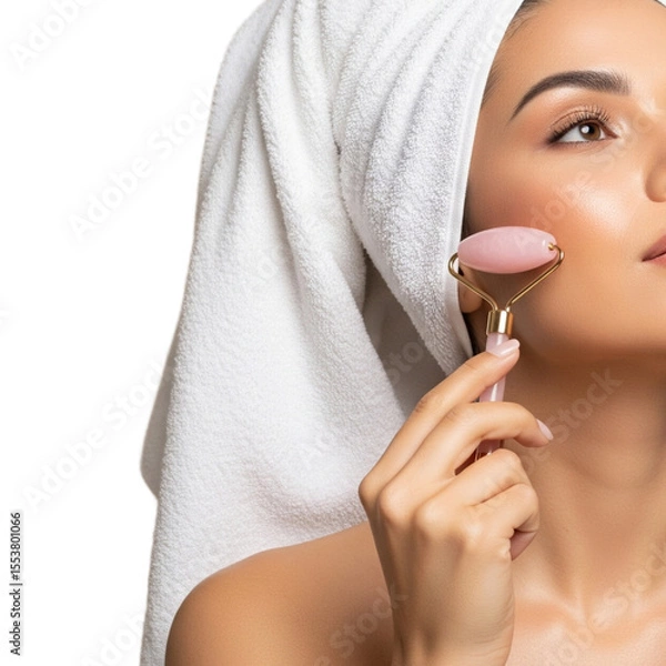 Fototapeta Beautiful young woman with perfect skin wearing towel on head using a jade face roller on Isolated transparent background png. generated with AI