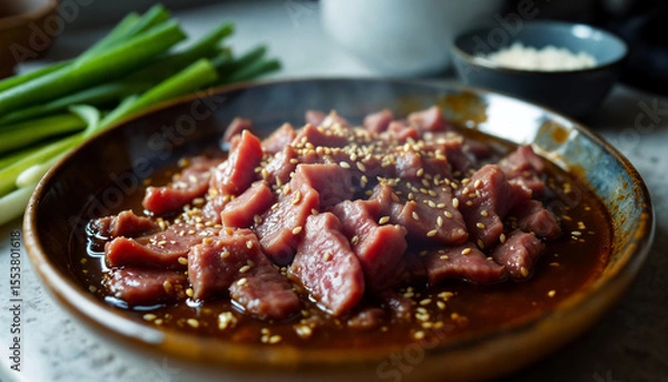 Fototapeta Korean Bulgogi Marinade – Thinly sliced beef rests in a shallow dish of soy sauce, sugar, garlic, and sesame oil marinade, with a sprinkling of sesame seeds
