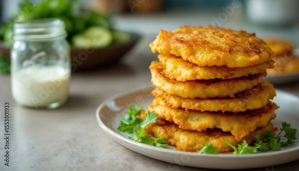 Fototapeta Fried Green Tomatoes Stacking – Golden-fried slices layered on a plate, a southern comfort food classic with crisp edges and rustic charm