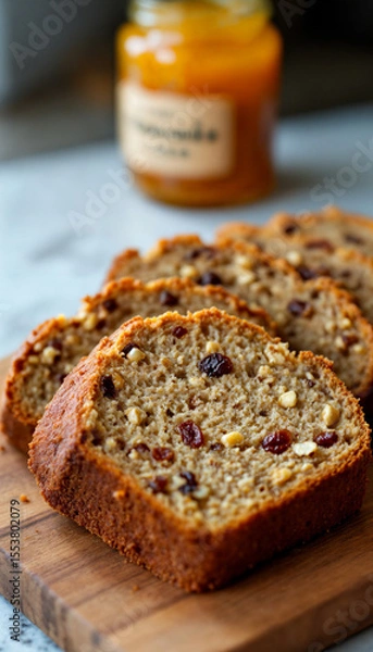 Fototapeta Sedona Date Nut Bread, Arizona – Moist slices with chopped dates and walnuts, a rustic regional loaf ideal for bakery menus, coffee shop branding, and wholesome food blog features