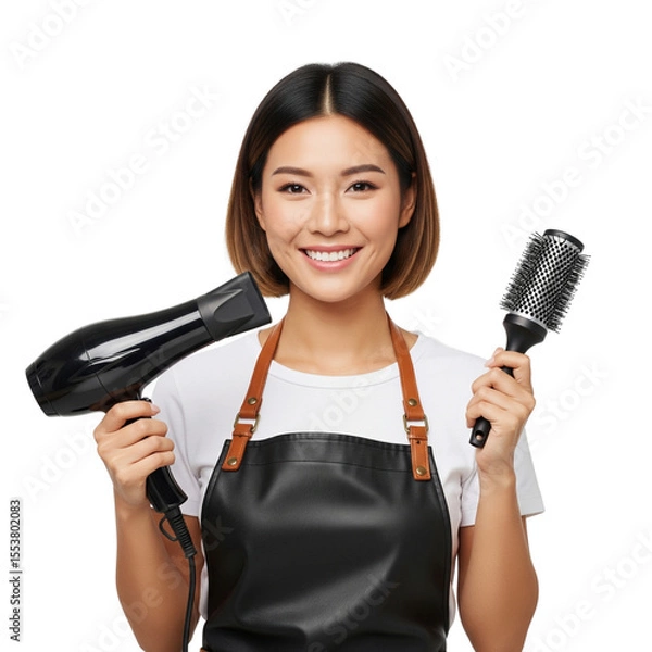 Fototapeta a woman with hairdryer and brush on Isolated transparent background png. generated with AI