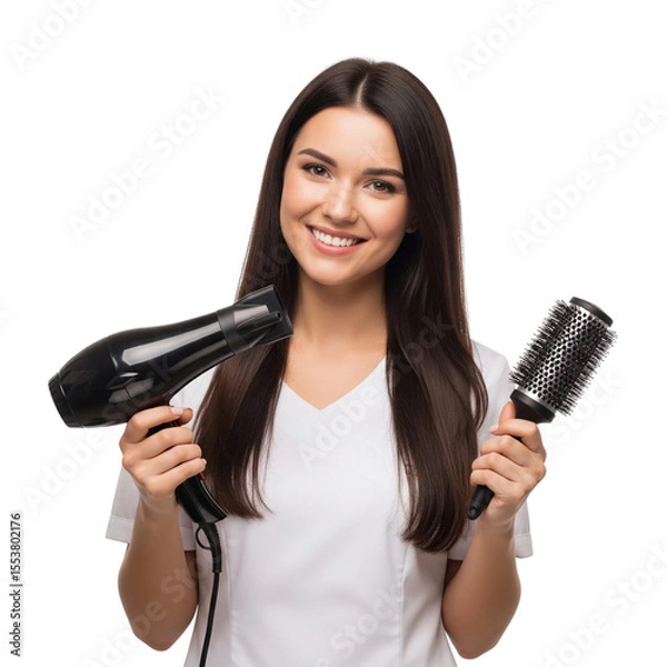 Fototapeta a woman with hairdryer and brush on Isolated transparent background png. generated with AI