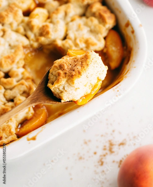 Fototapeta Southern Peach Cobbler Crust – Golden biscuit topping over bubbling peaches with caramelized edges, rustic Fairhope, Alabama dessert scene perfect for bakery menus, blogs, and comfort food branding