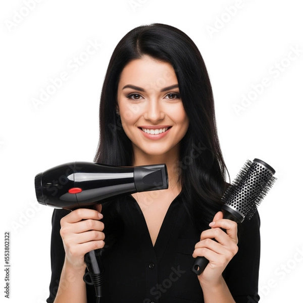 Fototapeta a woman with hairdryer and brush on Isolated transparent background png. generated with AI