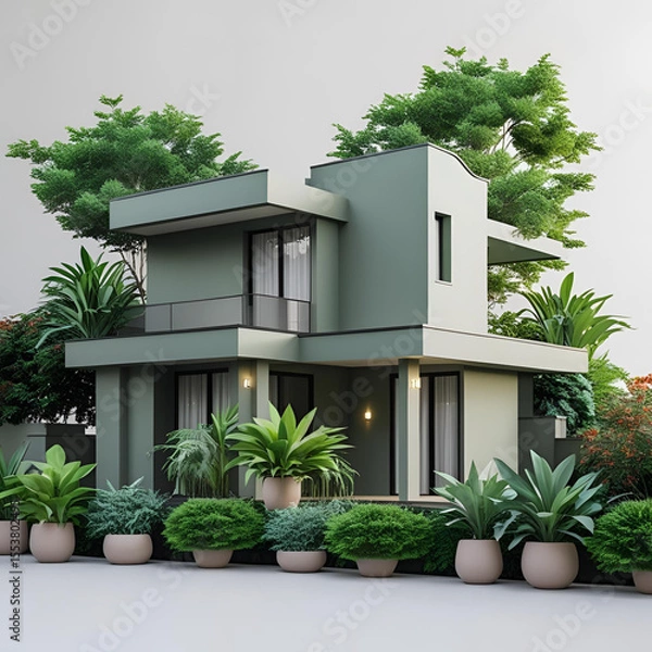 Fototapeta Modern luxury villa architecture with palm trees in a lush garden landscape