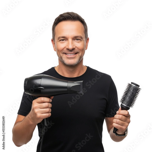 Fototapeta Man with Hairdryer and Brush on Isolated transparent background png. generated with AI