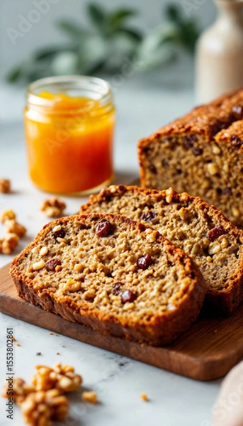 Fototapeta Sedona Date Nut Bread, Arizona – Moist slices with chopped dates and walnuts, a rustic regional loaf ideal for bakery menus