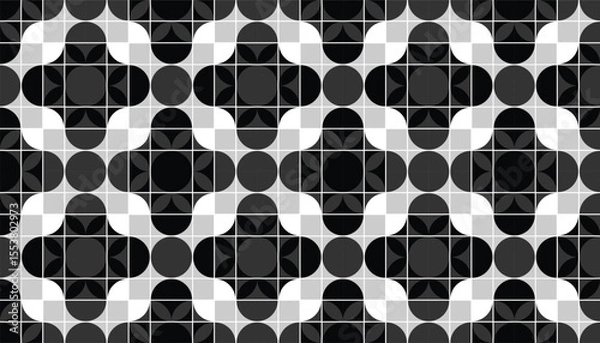 Fototapeta Black and white retro pattern with stylized geometric flowers and interlocking curves. Ideal for editorial design, fabric, and classic decor elements.
