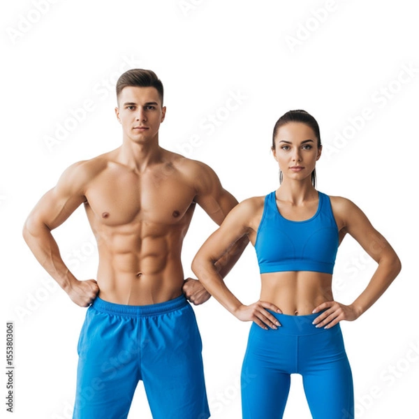 Fototapeta strong muscular man and slim woman posing on Isolated transparent background png. generated with AI