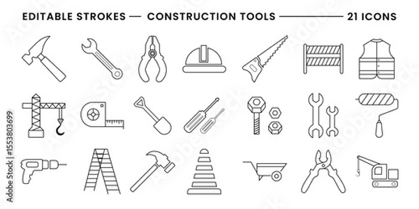 Fototapeta Collection of construction tools and safety equipment vector icons with editable strokes isolated on transparent background