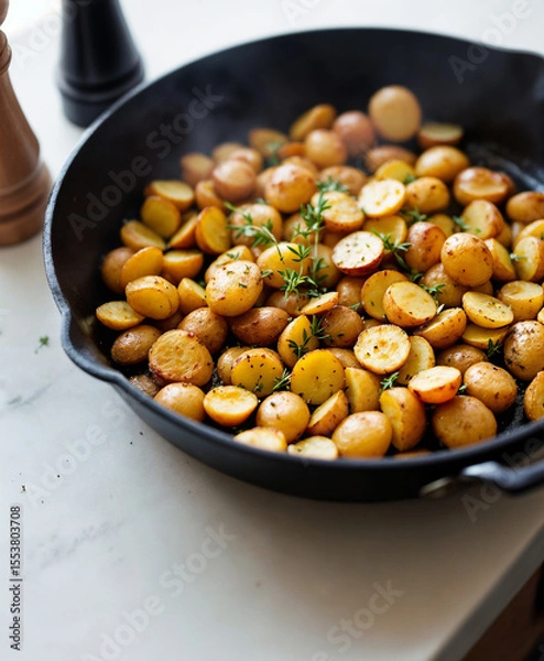 Fototapeta Fingerling Potato Hash – Crispy fingerling potatoes with garlic, thyme, and skillet sear, rustic prep scene from Boise, Idaho for food blogs, menus, and comfort meal branding 