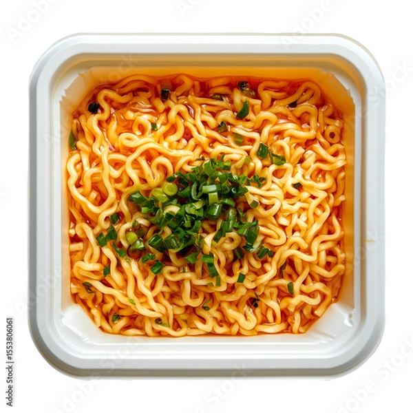 Fototapeta Instant noodles in a plastic container isolated on a transparent background. Cooked ramen with chopped green onion on top, square bowl, top view. Ready-to-eat fast food meal for quick serving.