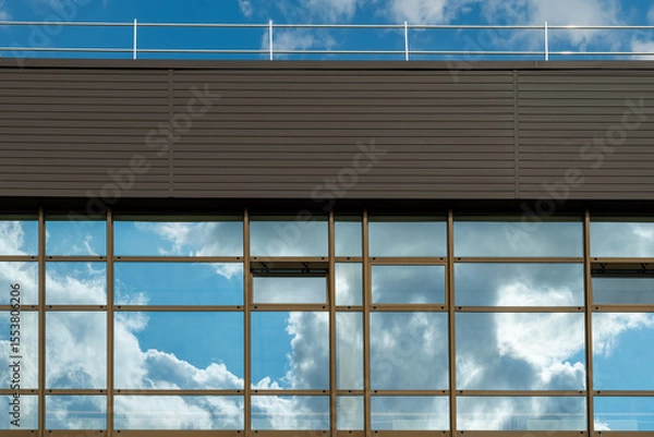 Fototapeta Modern architecture reflects vibrant clouds under a bright blue sky in this urban setting