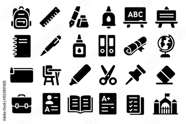 Fototapeta Set of vector education icons featuring school bag, book, pen, diploma, scissors, and classroom elements. For learning and school designs.