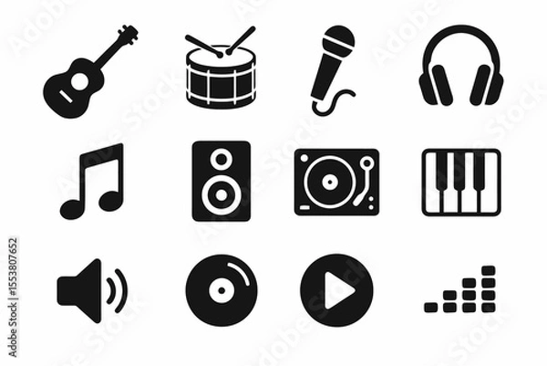Fototapeta Music icon collection with guitar, drum, microphone, speaker, headphones, note, and audio controls in bold vector design.