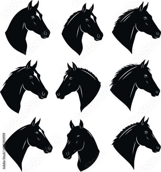 Obraz Flat Black Horse Head Silhouette Icons for Branding Use

