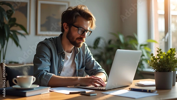 Obraz Capturing Creativity: Freelancer in Serene Workspace