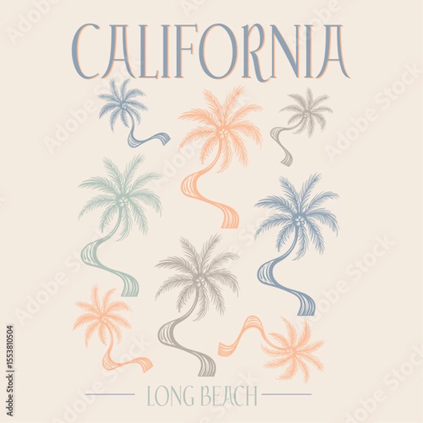 Obraz palm tree  design. tropical print design. hand drawn palm Leaves background. summer t shirt  design. california long beach typogaphy graphics