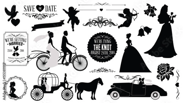 Fototapeta Wedding Silhouettes and Elements Pack: A collection vector set of elegant black and white silhouettes perfect for wedding invitations, save-the-dates, and other romantic stationery.