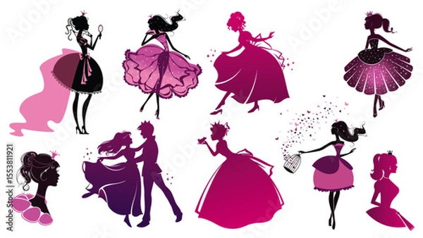 Fototapeta Enchanting silhouettes Pack: A collection vector set of graceful princess silhouettes in varying poses, showcasing elegance, dance, and the timeless allure of royalty.