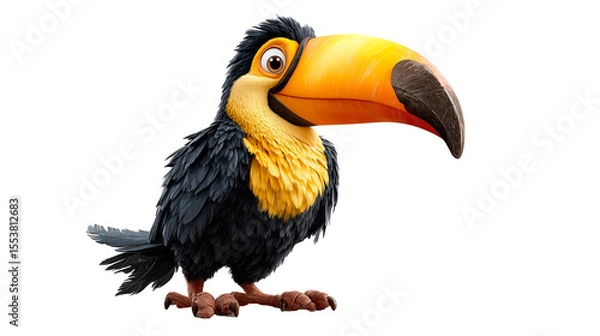 Fototapeta Colorful cartoon toucan bird with oversized beak stands prominently in a whimsical setting