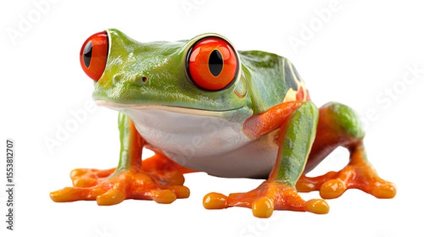 Fototapeta Colorful kachanov cartoon tree frog with vibrant orange toes sitting on a surface in bright light