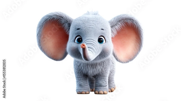 Fototapeta Light gray cartoon elephant with big floppy ears stands happily in a playful setting, engaging viewers with a cheerful expression