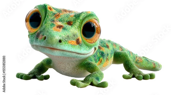 Fototapeta Kachanov cartoon gecko with vibrant green body and large expressive eyes resting playfully on a smooth surface