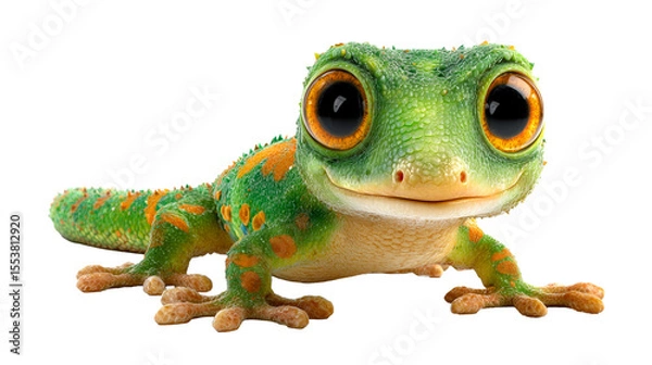 Fototapeta Cute cartoon gecko lizard with vibrant green body and large expressive eyes smiles playfully in a cheerful illustration