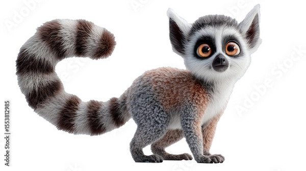 Fototapeta Cute cartoon lemur with a big round face and curled striped tail posing adorably in a vibrant jungle environment