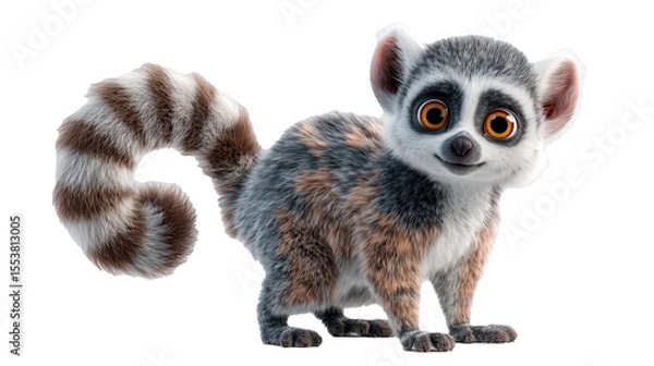 Fototapeta Cartoon lemur with a curled striped tail and big round eyes in a playful pose
