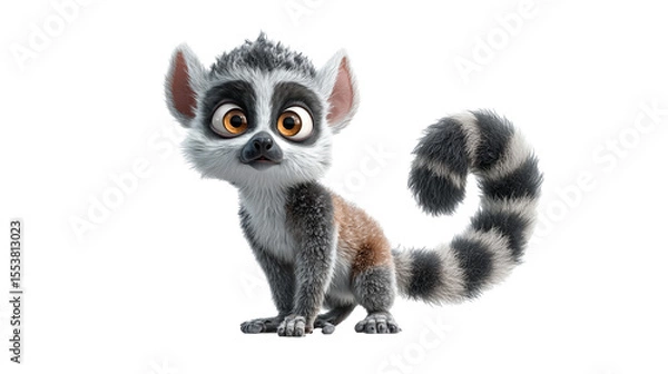Fototapeta Charming cartoon lemur with a big round face and coiled striped tail striking a playful pose in a vibrant setting