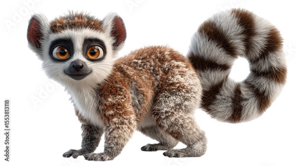 Fototapeta Cartoon lemur with a big round face and curled striped tail poses playfully in a colorful animated setting