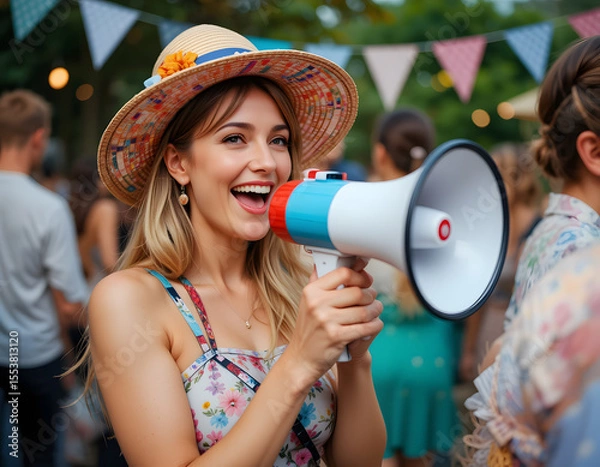 Fototapeta smiling woman dressed in June party with megaphone