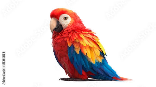Fototapeta Colorful kachanov cartoon macaw parrot with vibrant red, blue, and yellow feathers perched gracefully in a minimalist setting