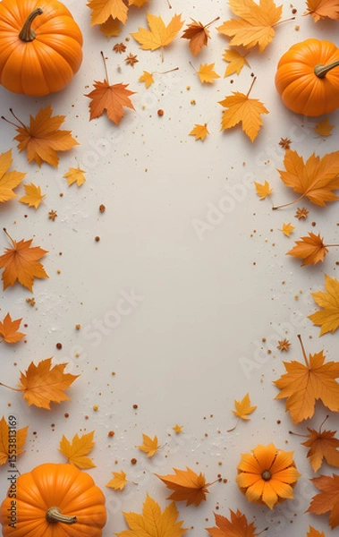 Fototapeta Fall background with orange pumpkins and fall leaves on a light surface, generative AI