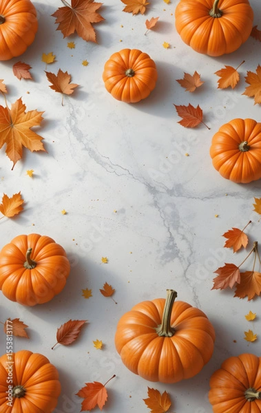 Fototapeta Fall background with orange pumpkins and fall leaves on a light surface, generative AI