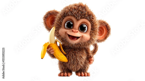 Fototapeta Cute cartoon monkey with brown fur happily holding a banana in a playful pose and bright expression