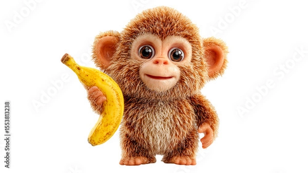 Fototapeta Cute cartoon monkey with brown fur happily holding a banana in a cheerful pose, inviting joy and fun
