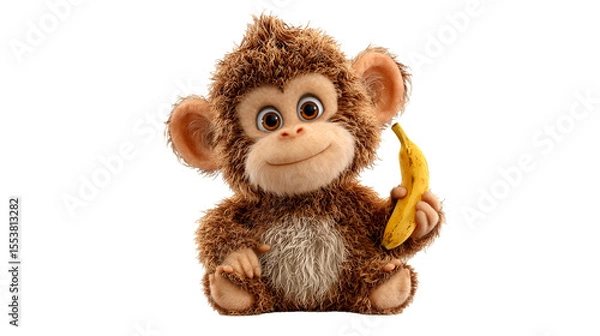 Fototapeta Kachanov cartoon monkey with brown fur happily holding a banana in its hand