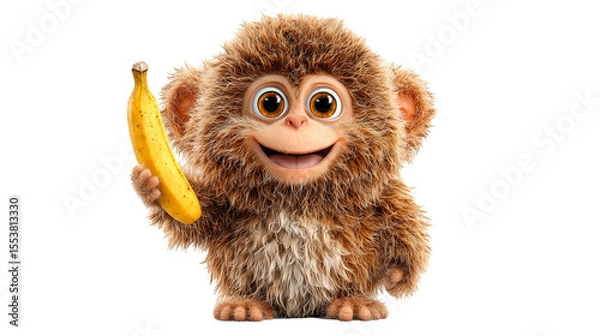 Fototapeta Cartoon monkey with brown fur happily holding a banana in a playful setting