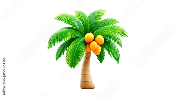 Fototapeta Curved palm tree with stylized green leaves and golden fruits in a vibrant cartoon design