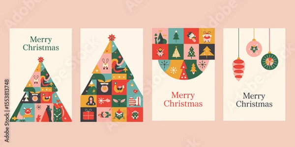 Fototapeta Set of Four Minimalist Christmas Cards – Colorful Geometric Trees, Wreath, and Hanging Ornaments with Modern “Merry Christmas” Text on Light Pink Background