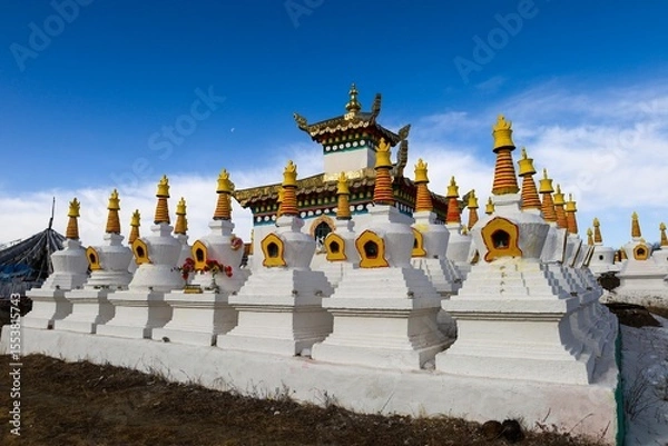 Fototapeta Vache Stupas (Waqietalin) at Zoigê Marsh in the historic Amdo region, showcasing Tibetan Buddhist architecture with rows of white chortens and ornate golden spires.