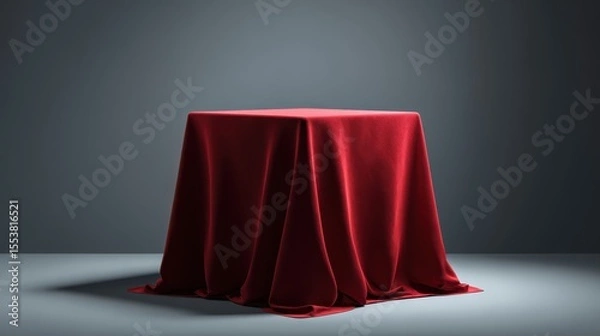 Fototapeta Square pedestal covered with red velvet cloth is standing in a gray room, creating an elegant and mysterious atmosphere for a product presentation or unveiling