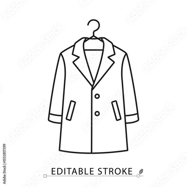 Obraz A coat on hanger icon in minimalist style with editable stroke. Outerwear clothing, warm fashion, formal wardrobe, seasonal garment, winter jacket, line drawing, outline apparel, vector illustration.